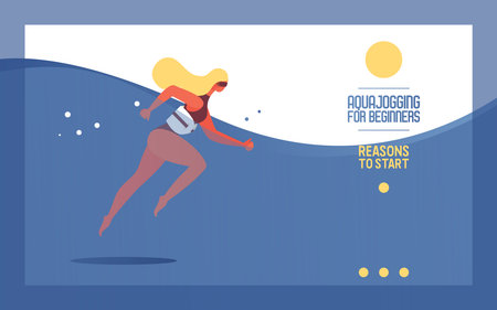 Young woman with floating device or belt doing aquajogging or aqua jogging under water. Blue gradient vivid wave. Bunner or landing page, good for pool courses and healthy lifestyle classes.のイラスト素材