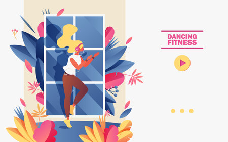 Dancing fitness school banner or landing page garient template. Vector concept illustration with young woman clapping hands and enjoying vigorous sport exercising in front of window and greeneryのイラスト素材