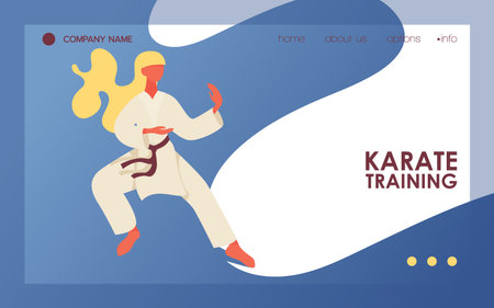 Blonde hair woman in kimono standing in training fight position of karate. Vector concept landing page or banner template.のイラスト素材