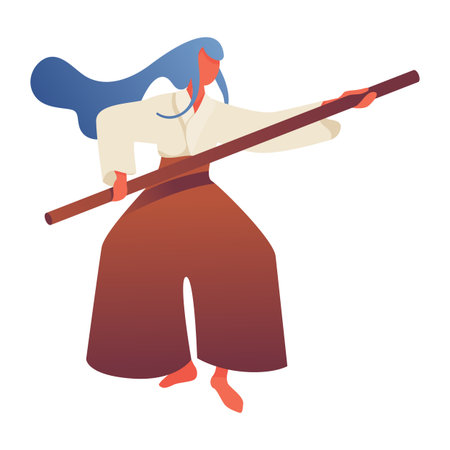 Isolated on white aikido woman character with stick. Drawn with bold color gradients sport concept.のイラスト素材