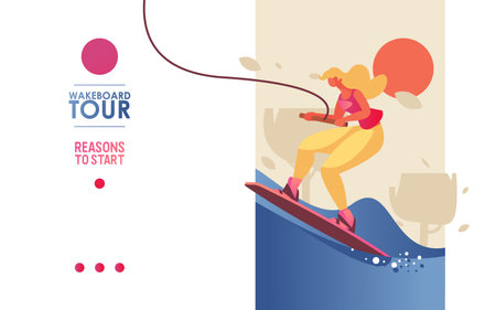 Concept vector landing page or banner template with young woman riding board on wakeboard tour. Bright colors, trees and blue waves of lake or sea, good for extreme water sports school.のイラスト素材