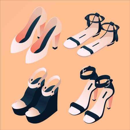 Fashion isometric footwear collection on peach background. Nude beige and dark blue summer shoes and sandals pairs isolated, good for women boutique and shop promotionのイラスト素材