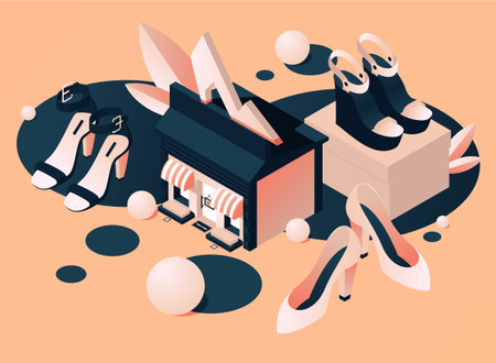 Concept isomeric scene with women shoes store building or boutique fashion shop on peach background. Vector heels pairs collection for summer season in nude beige color, decorated with 3d spheres.のイラスト素材