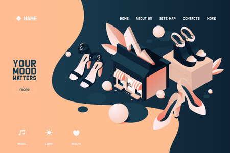 Vector concept banner or landing page template with isometric shoes and package boxes. Illustrations good for summer heels collection promotion, drawn in nude beige and dark blue on peach background.のイラスト素材
