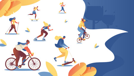 Women doing sport at summer park landing page template. Bmx bike, bicycle, roller skaters and skates riding characters in bright colors.のイラスト素材