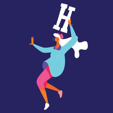 Dancing flat bright woman with large capital letter H in hands. Vector concept illustration isolated...