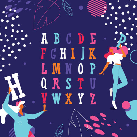 Colorful english alphabet with dancing girls. Capital latin letters drawn with bright colors.のイラスト素材