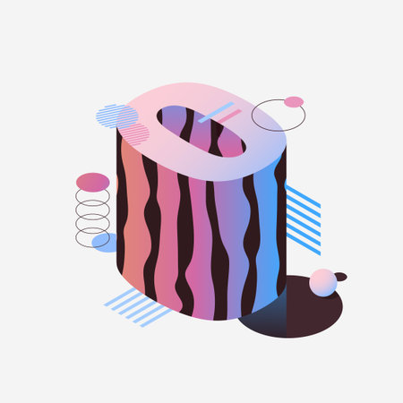 3d isometric pink and purple number zero. Vector futuristic neon count down illustration, digital design for web e-commerce sales promotion, abstract digit 0 symbol typography.のイラスト素材