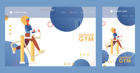 Street exercise equipment girl training. Outdoor gym crossplatform landing page for mobile phone and desktop browserのイラスト素材