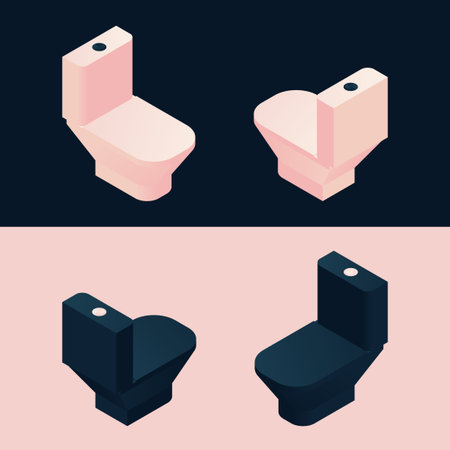 Pink and black isometric toilet. Bathroom furniture collection in various foreshortening.のイラスト素材