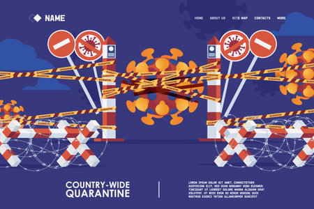 Epidemic quarantine concept landing page banner. Vector scene with border post and barbwire blocks. Coronavirus infection protection.のイラスト素材