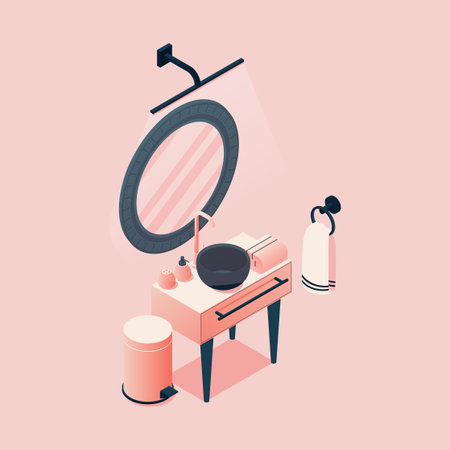 Pink isometric sink bowl, mirror, wash table. Bathroom scene with nobody.のイラスト素材