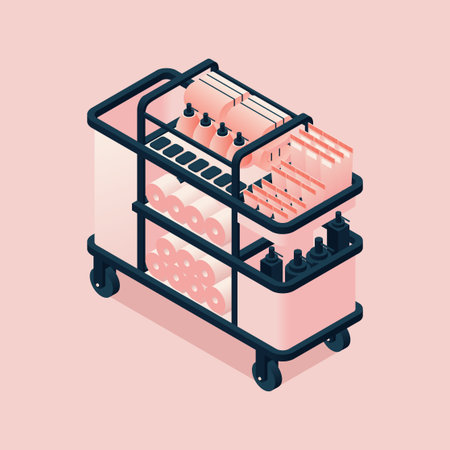 Hotel cart with towels and bottles isometric. 3d illustration good for housekeeping room service.のイラスト素材