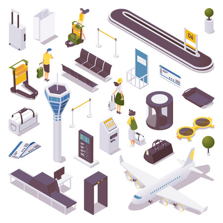 Isometric set of people at the airport, luggage belt, security service, airplane and more. Bags and trolley for travel and vacation.のイラスト素材