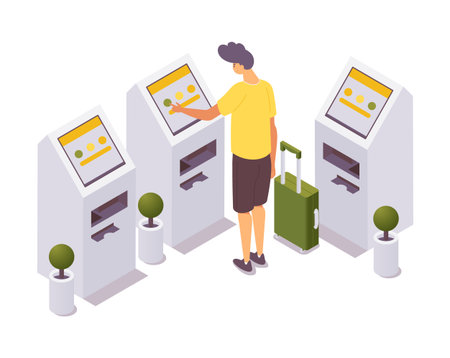 Isometric man self check-in for the flight at airport.のイラスト素材