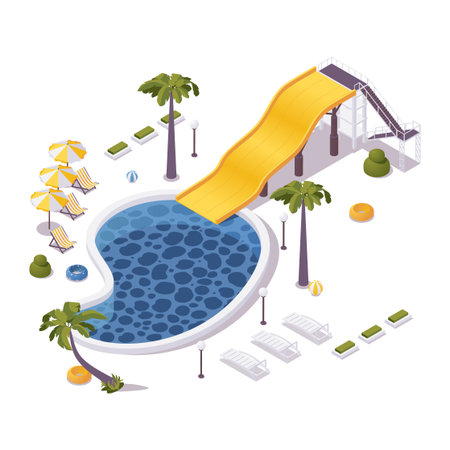 Isometric 3d concept illustration of aqua park with pool, loungers, umbrellas ans water slide. Tropical summer scene.のイラスト素材