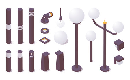 Isometric outdoor lighting set for hotel, street, exterior lanscape design.のイラスト素材