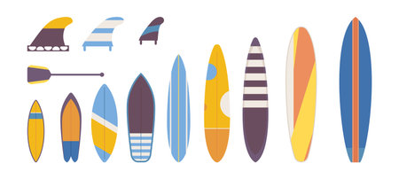 Set of flat surfboards for adults, children vector. Different types and variations of shape, length and coloring.のイラスト素材