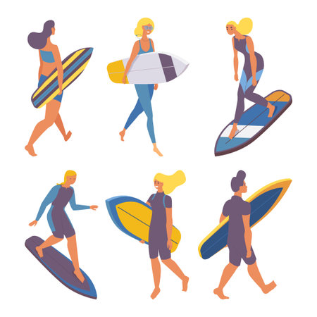 Vector isometric collection with walking people holding with surfboards and training on surf 3d surfer characters isolated on white.のイラスト素材