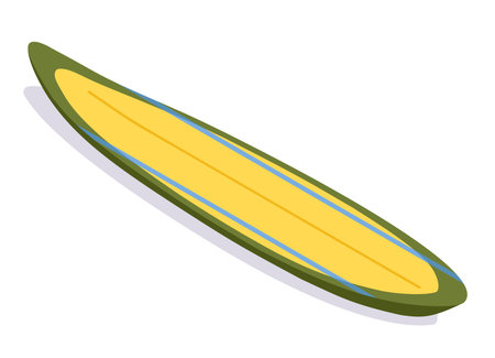 Longboard surfboard isometric with shadow. Striped surf board with yellow and green laying down. 3d illustration.のイラスト素材