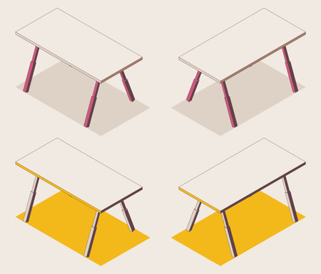 Isometric outline furniture collection. Yellow and pink office table with shadow. Vector set in various foreshortening views.のイラスト素材
