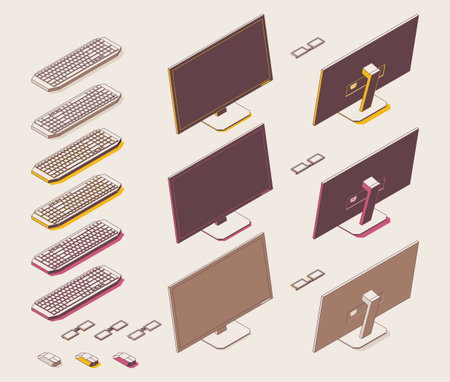 Isometric full color outline monitor, keyboard, mouse, glasses. Office item 3d set.のイラスト素材