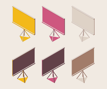 Isometric outline full color set projector screen in various foreshortening in pink and yellow.のイラスト素材