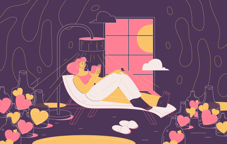 Vector concept scene with woman reading book in room full of hearts or likes. Educative banner about indifference to social media and popularity at internet. Outline character.のイラスト素材