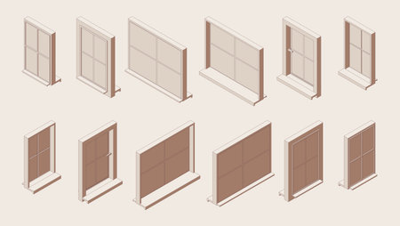 Isometric outline set of closed windows with sill and low tide in various foreshortening views.のイラスト素材