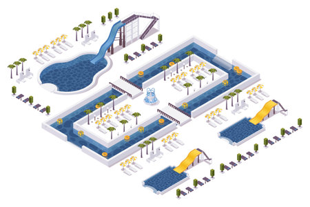 Isometric water park, hotel outdoor scene with set of colorful slides with pools. Palms, sunbeds and no people.のイラスト素材