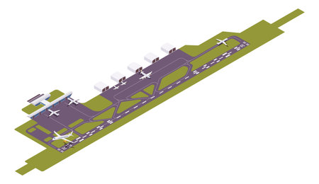 Isometric vector airport runway with take-off airplane. 3d stationのイラスト素材