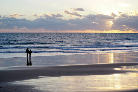Couple watching a sunset on a gray afternoon at the seaside during a low tideの写真素材