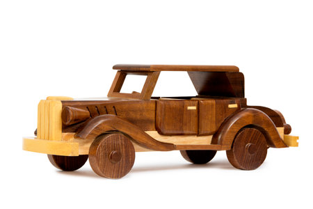 Wooden Vintage Car   Wooden Vintage Toy Car, Isolated on White Backgroundの写真素材