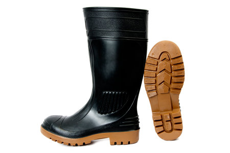 Pair of Black Gumboots Isolated on White Backgroundの写真素材