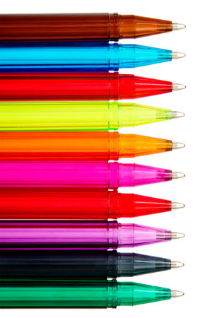 Colorful Ball Point Pens, In Line, Isolated on White Backgroundの写真素材