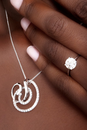 Diamonds Pendant and Ring on Black Skin, Designer Jewelleryの写真素材