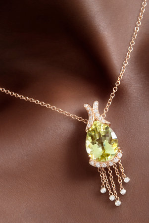 Citrine with Diamonds Pendant on Black Skin, Designer Jewelleryの写真素材