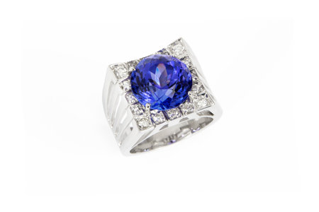 Designer Ring with Diamonds and Tanzanite, Top View, Isolated on White Backgroundの写真素材
