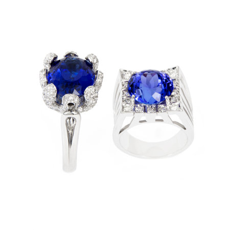 Two Different Ladies Rings with Tanzanite and Diamonds, Designer Jewellery, Isolated on White Backgroundの写真素材