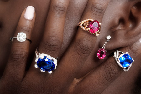 Tanzanite, Rubellite and Diamonds, Designer Jewellery on the Skin of a Black Ladyの写真素材