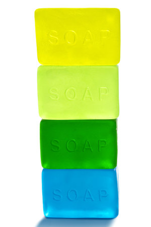 Four Brightly Colored Bars of Soap, Isolated on White Backgroundの写真素材