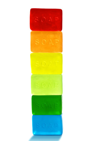 Six Brightly Colored Bars of Soap, Isolated on White Backgroundの写真素材