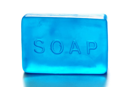 One Blue Bar of Soap, Isolated on White Backgroundの写真素材