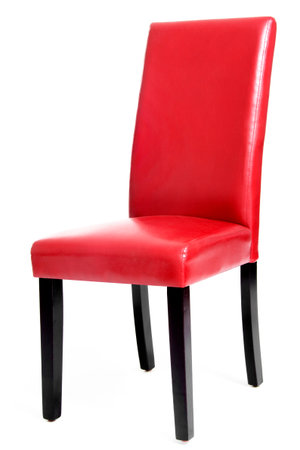 Red Leather Dining Chair with Wooden Legs, Isolated on White Backgroundの写真素材