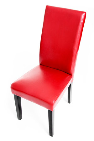 Red Leather Dining Chair with Wooden Legs, Isolated on White Backgroundの写真素材