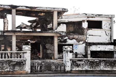 The remains of a Double Story House about thirty years after the Angolan War, Angola, Southern Africaの写真素材