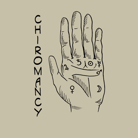 Vector illustration of open hand with sun tattoo, alchemy esoteric symbol. Geometric abstract graphic with occult and mystic sign. Linear  and spiritual design Concept of magic, palm readingのイラスト素材