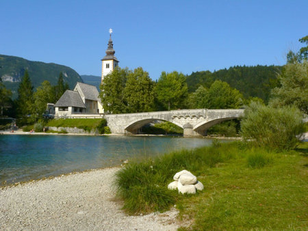 Church on Lake Bohinj.National park Triglav. Slovenia.の写真素材