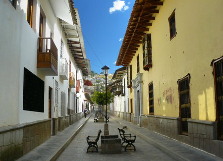 On the streets of Cajamarca.Cajamarca  - a city in northern Peru, located in the mountains at an altitude of 2700 meters above sea level. The city is the capital of the region of Cajamarca.の写真素材