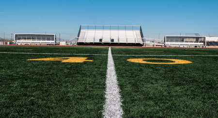 The white chalk line leading to the 40-yard line on a football field in a small stadiumの写真素材